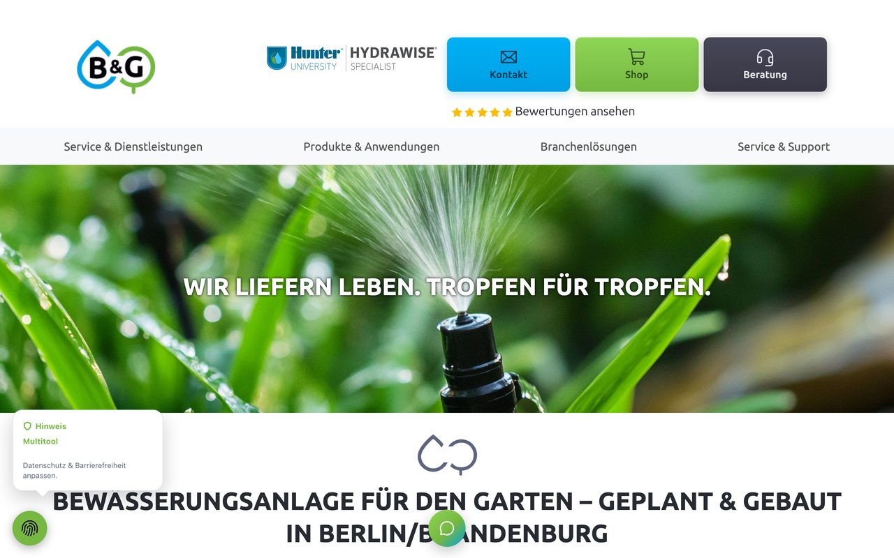 Screenshot bgatec.de — B&G Bewässerungstechnik, Shop für Berlin/Brandenburg