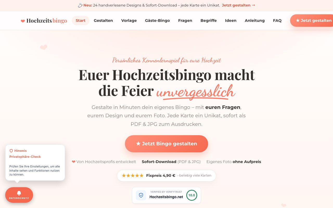 Screenshot hochzeitsbingo.net — Konfigurator für individuelle Hochzeitsbingo-Karten