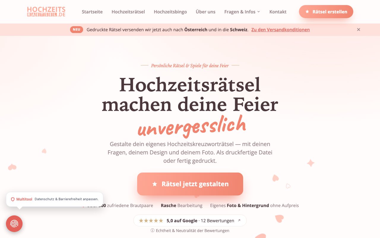 Screenshot hochzeitsraetsel.de — Konfigurator für individuelle Hochzeitskreuzworträtsel