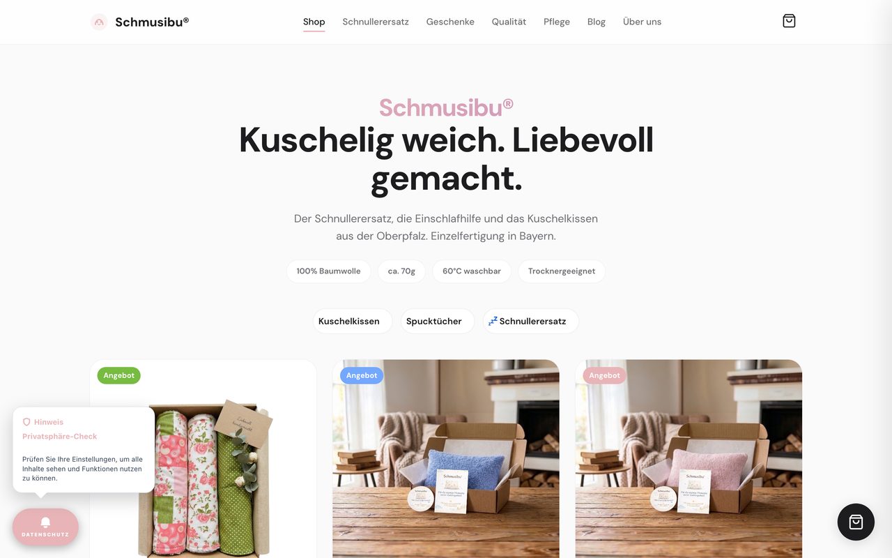 Screenshot schmusibu.de — Onlineshop für Kuschelkissen aus der Oberpfalz