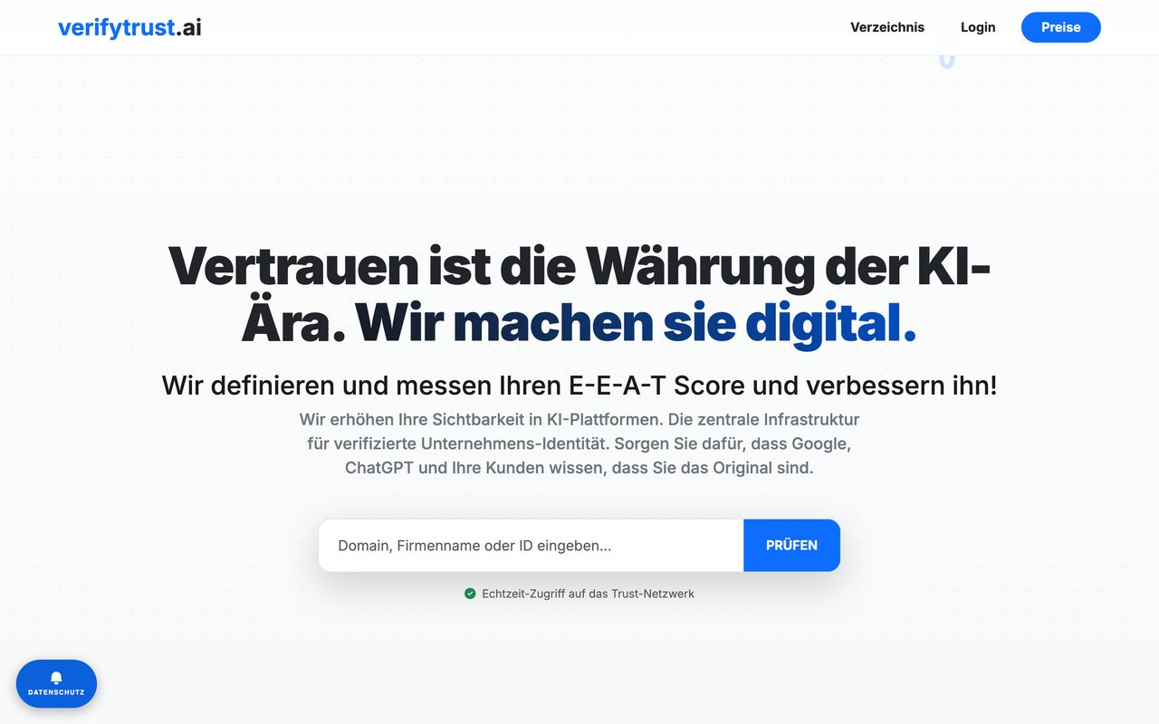 Screenshot verifytrust.ai — SaaS-Plattform für E-E-A-T-Score und KI-Sichtbarkeit